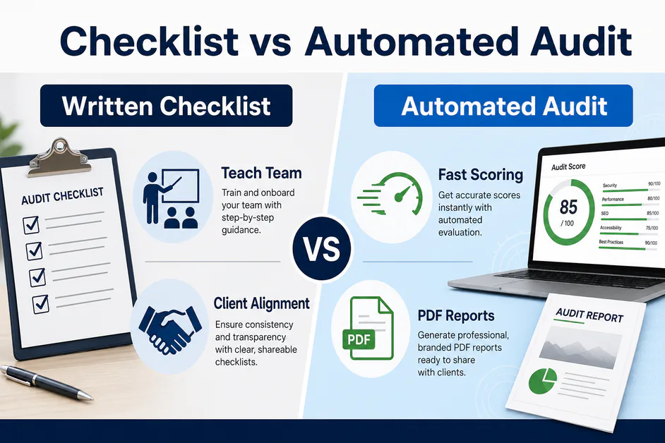 Comparison graphic titled Checklist vs Automated Audit