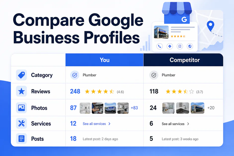Comparison table graphic titled Compare Google Business Profiles with category reviews photos rows