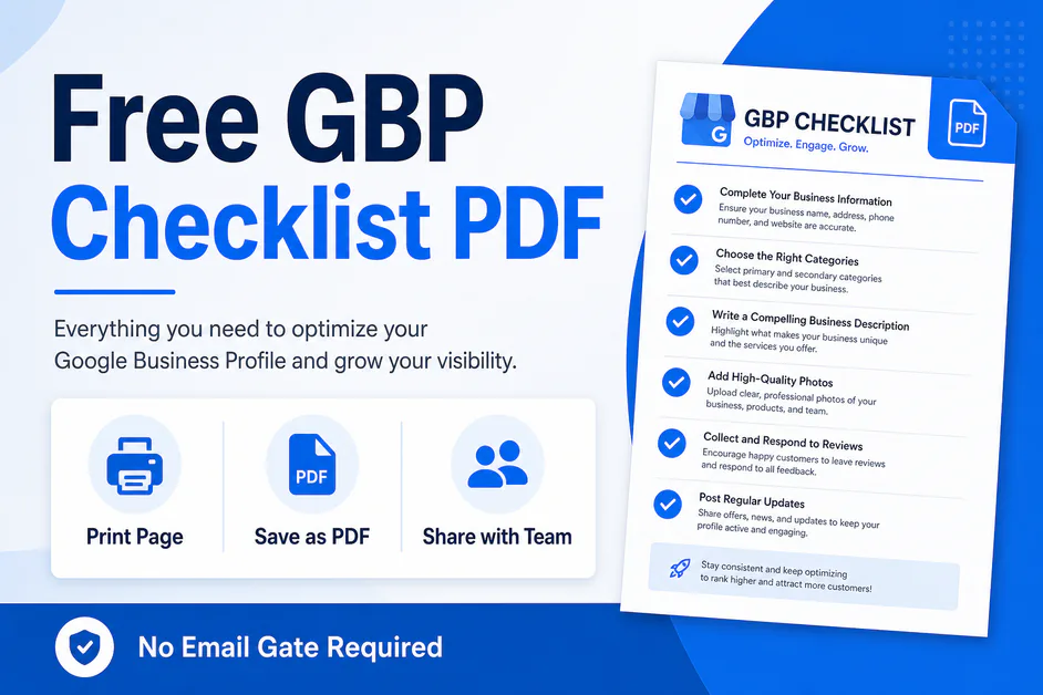 Free GBP checklist PDF download graphic with Print Save and Share labels