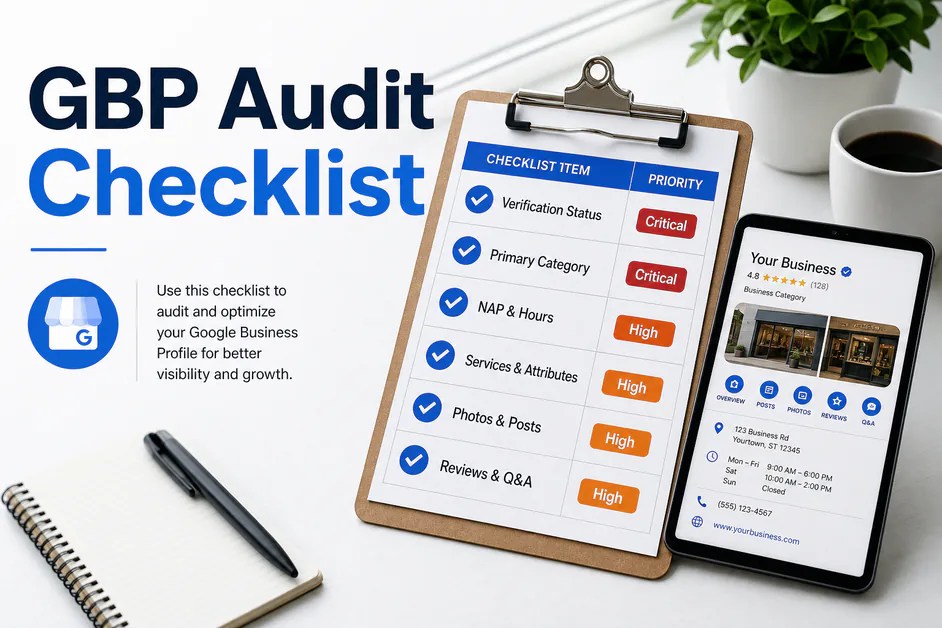 GBP Audit Checklist graphic with verification, NAP, categories, and reviews rows