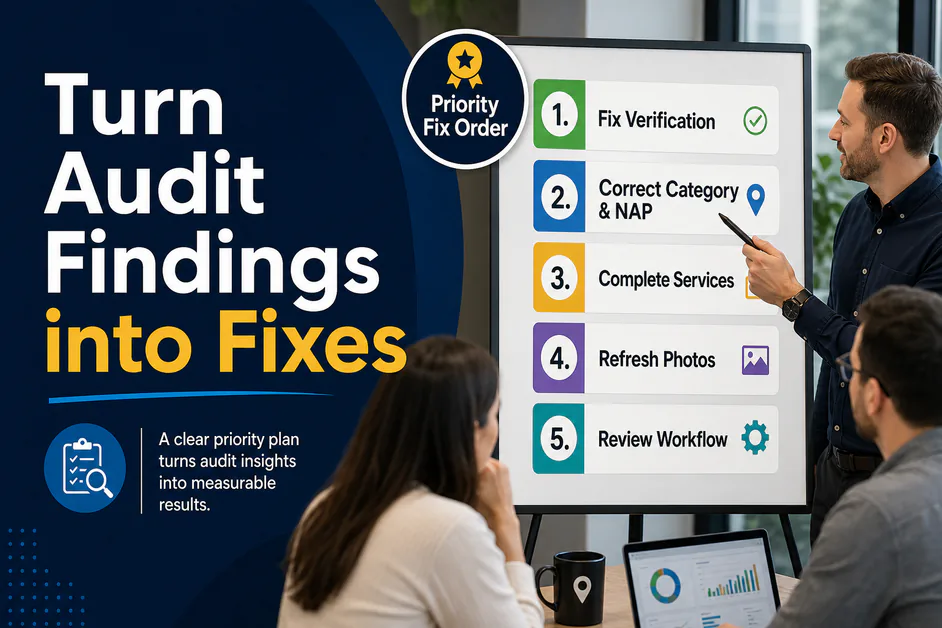 Priority fix order graphic titled Turn Audit Findings into Fixes