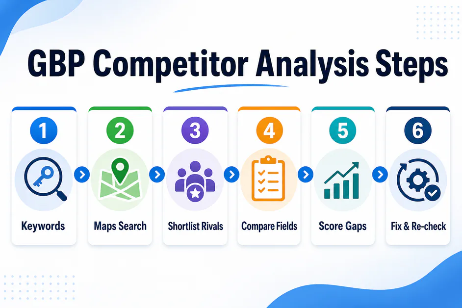 Step graphic titled GBP Competitor Analysis Steps with six numbered actions