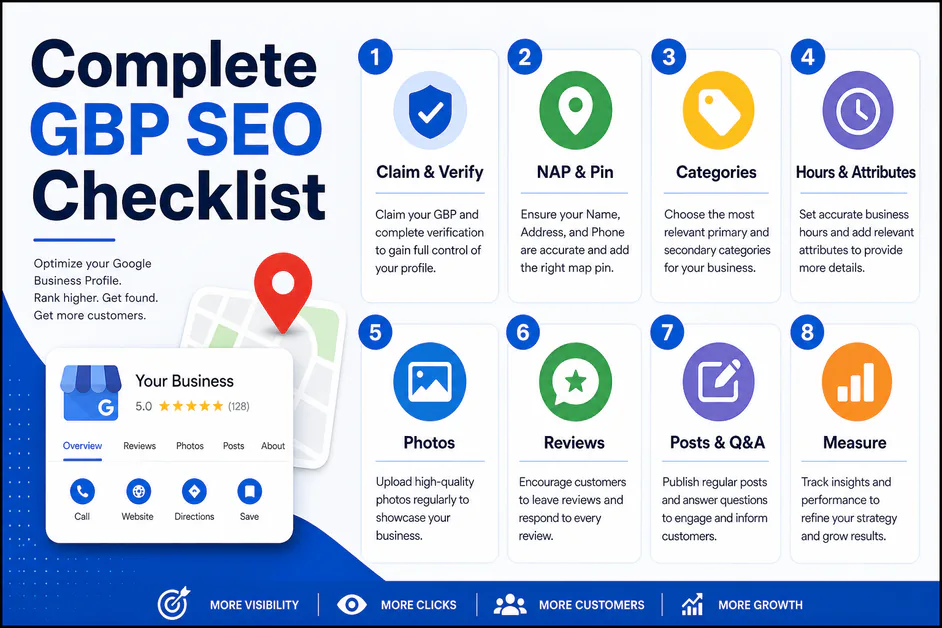 Complete GBP SEO checklist sections graphic with eight labeled rows