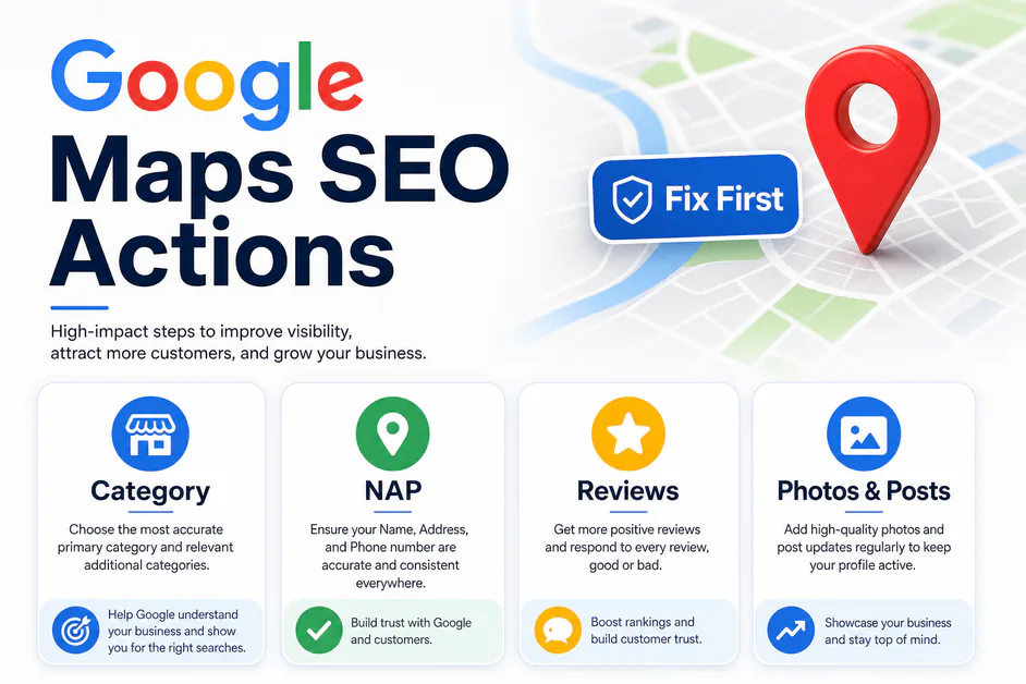 Priority graphic titled Google Maps SEO Actions with Fix First labels