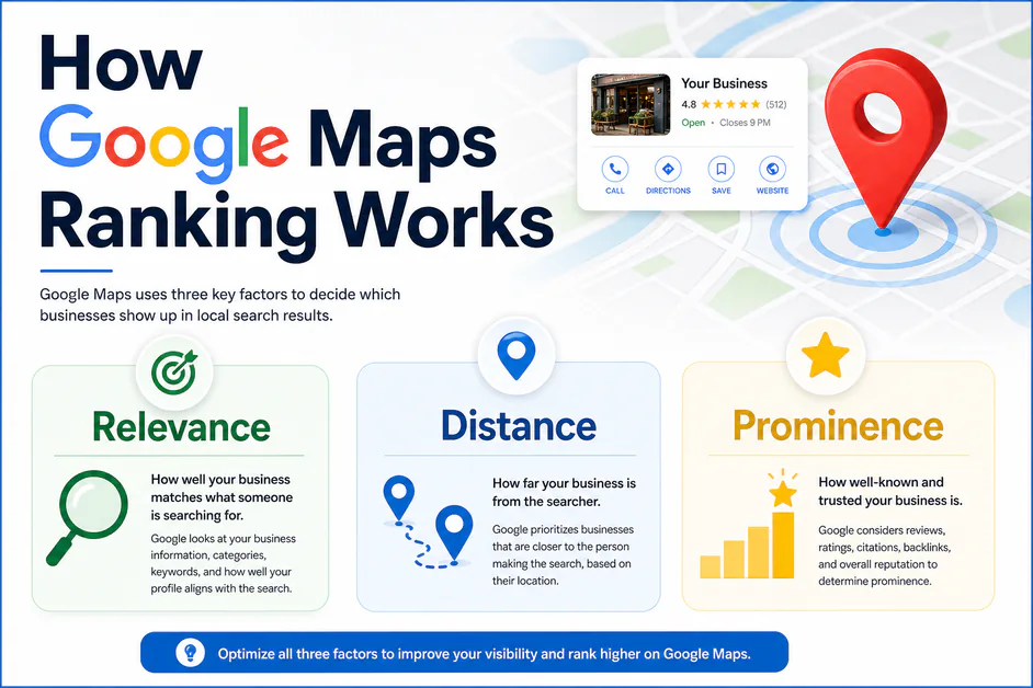 Infographic titled How Google Maps Ranking Works with Relevance Distance and Prominence