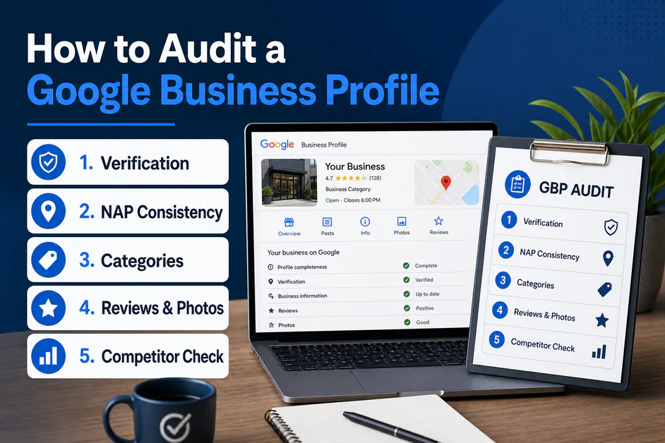 Step checklist graphic titled How to Audit a Google Business Profile