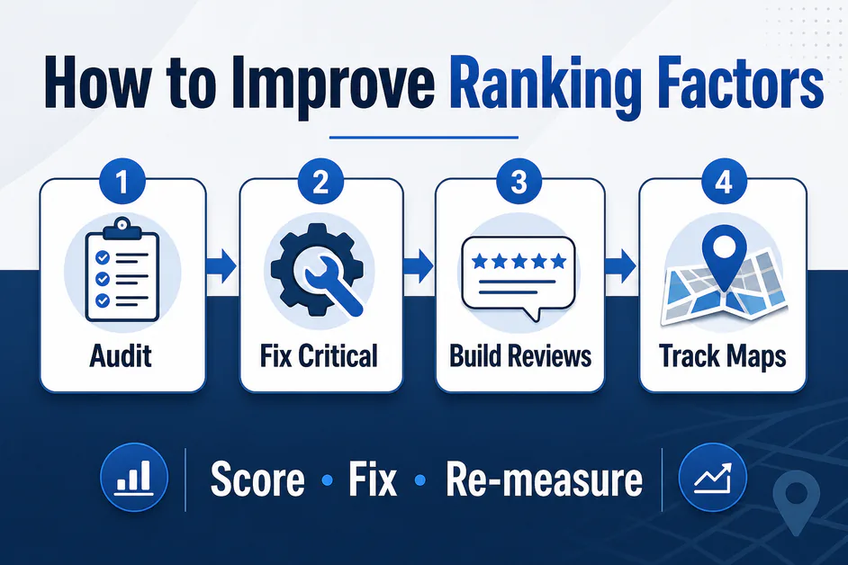 Process graphic titled How to Improve Ranking Factors with Audit Fix Track steps