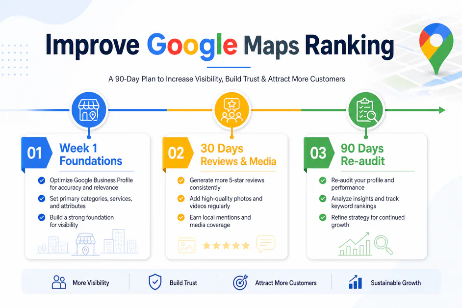 Timeline graphic titled Improve Google Maps Ranking with 7 30 and 90 day milestones