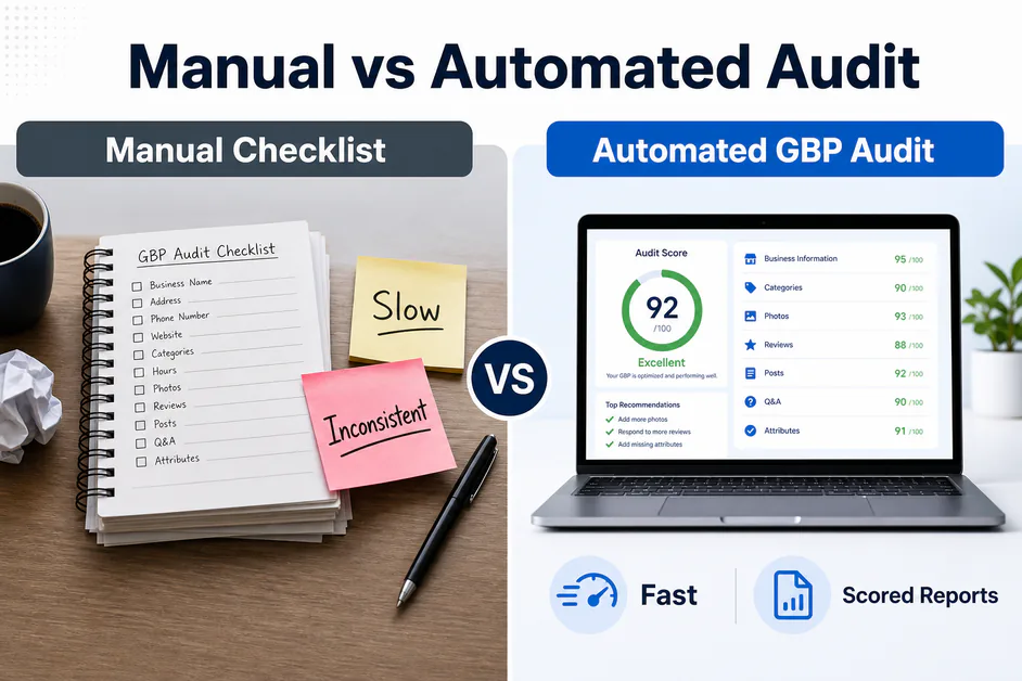 Comparison graphic titled Manual vs Automated Audit