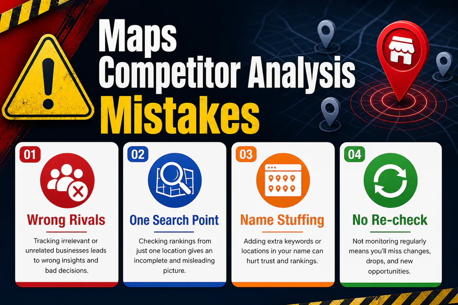 Warning graphic titled Maps Competitor Analysis Mistakes with four common errors listed