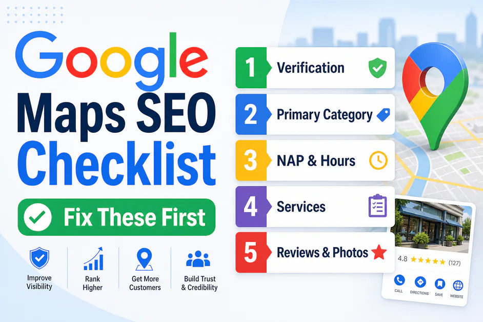 Google Maps SEO checklist priority graphic Fix These First with five ranked items