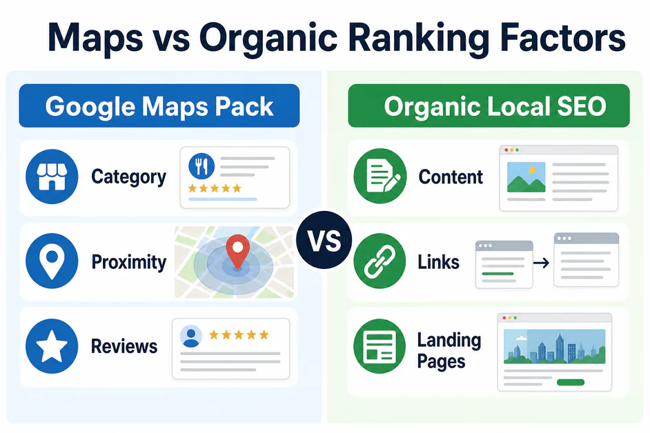 Comparison graphic titled Maps vs Organic Ranking Factors