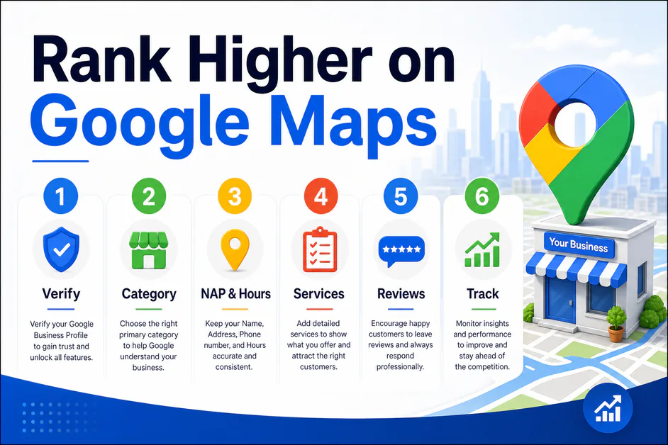 Step graphic titled Rank Higher on Google Maps with six numbered actions