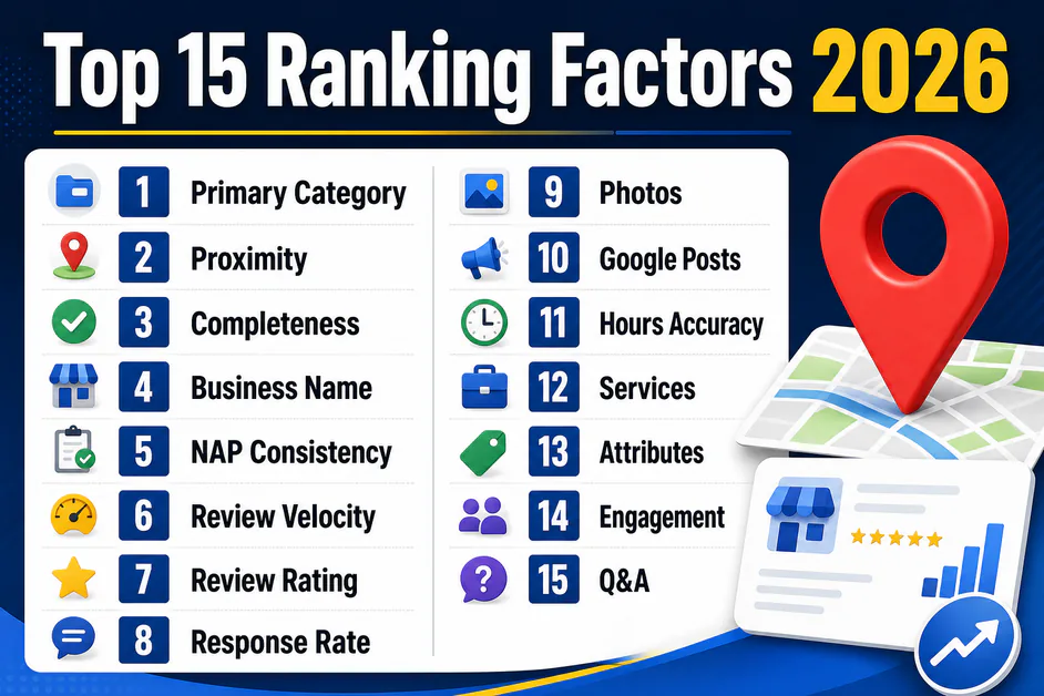Poster graphic titled Top 15 Ranking Factors 2026 with numbered factor list