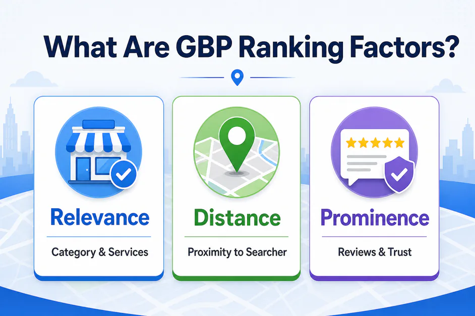 Infographic titled What Are GBP Ranking Factors with Relevance Distance and Prominence cards