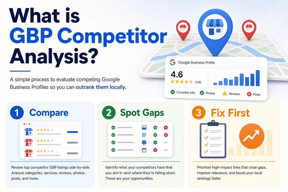 Infographic titled What is GBP Competitor Analysis with Compare Spot Gaps Fix labels
