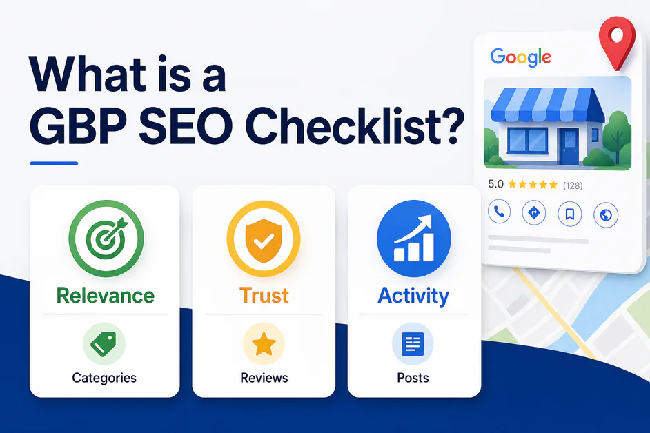 Infographic titled What is a GBP SEO Checklist with Relevance Trust and Activity cards