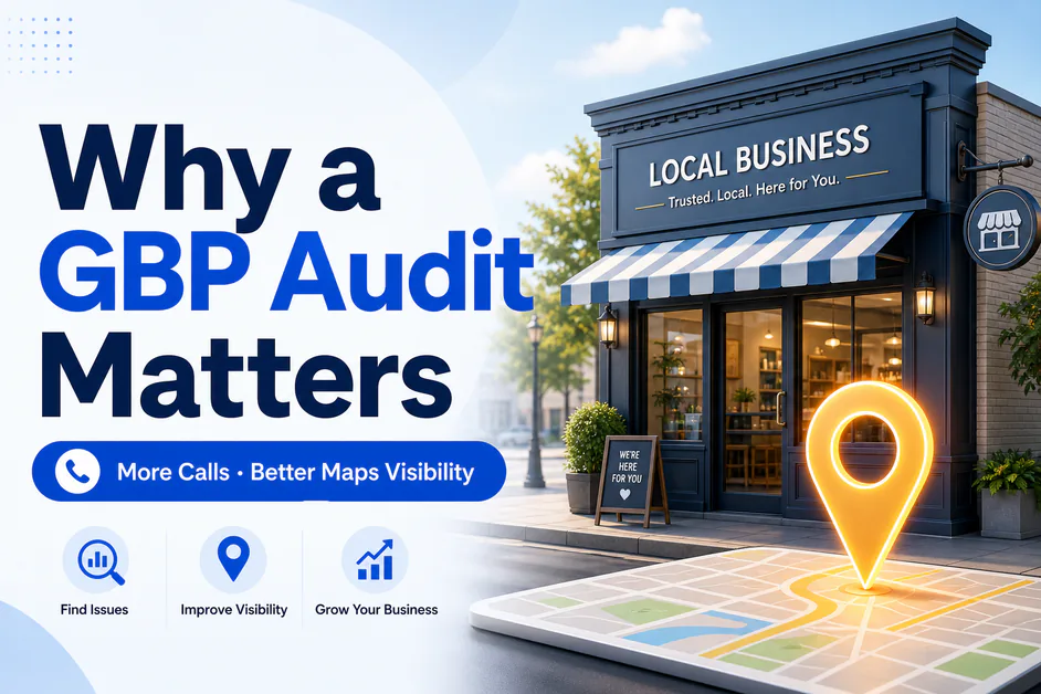 Design banner reading Why a GBP Audit Matters with Maps visibility message