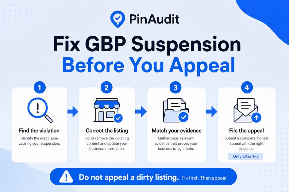 Step graphic titled Fix GBP Suspension Before You Appeal with four cleanup steps
