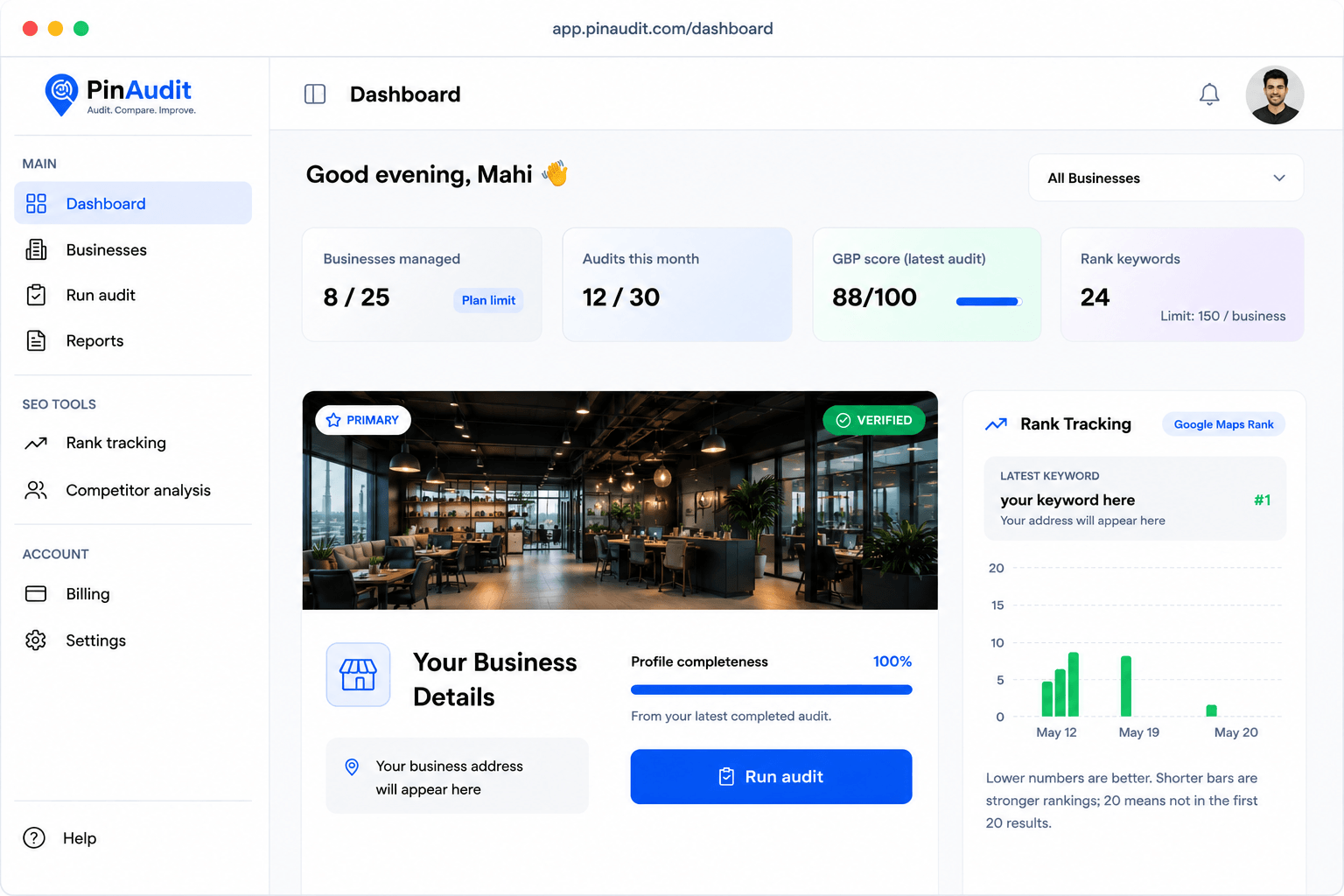 PinAudit dashboard — automated Google Business Profile audit tool